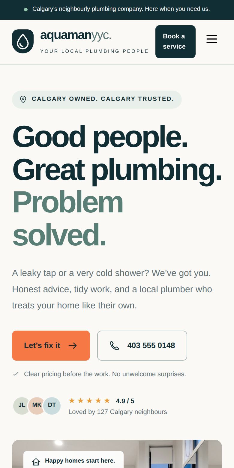 Mobile screenshot of the Aquaman YYC design concept homepage