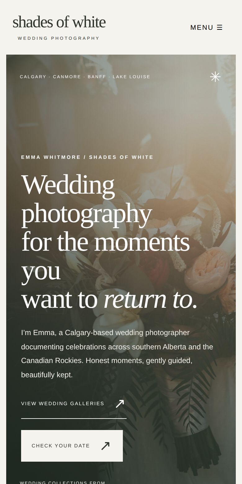 Mobile screenshot of the Shades of White design concept homepage